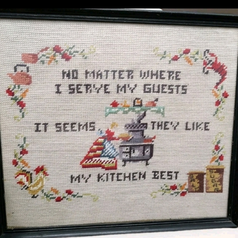 Vtg 60-70's X-Stitch Sampler 15"x13" Framed Like My Kitchen Best Lobster/Chicken